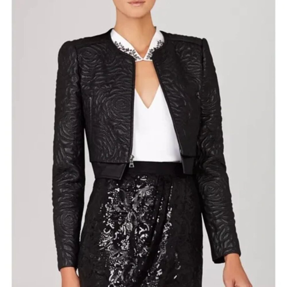 NEW BCBG Duke Goth Faux Leather Jacket Black Rose Quilted Crop Moto Bomber XS
